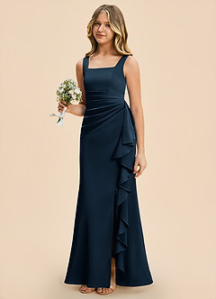 Azazie Adrienne Junior Dark Navy Sheath Pleated Stretch Satin Dress image1
