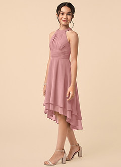 Azazie Linna Junior Vestido de Rosa Polvorienta de Gasa de Corte en A con Plisado image3