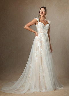 Azazie Moonstone At-home Try On Dresses Diamond White Champagne A-Line Sweetheart Sequins Tulle Dress image7