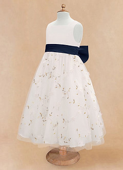Azazie Pollie Flower Girl Dresses Ivory Dark Navy A-Line Bow Tulle Dress image13