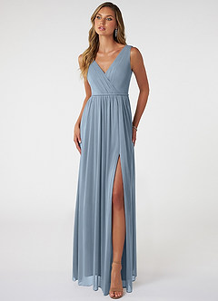 Azazie Tanicia Brautjungfernkleider A-Linie V-Hals Gefaltet Gittergewebe Kleid Staubblau image1