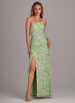 Azazie Eren Vestidos de damas de honor Vestido de Floral Helecho Verde de Gasa de Corte Recto con Hombro unilateral image5
