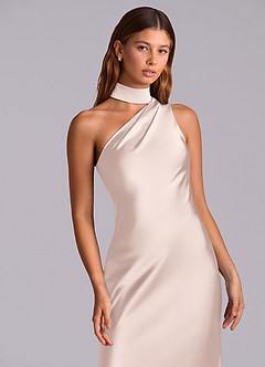 Azazie Seona Robes de demoiselle d'honneur Robe Sirène en Satin extensible Une épaule Rose Pâle image2