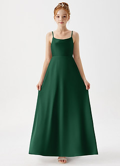Azazie Shale Junior Robe Trapèze en Satin extensible Vert Foncé image5