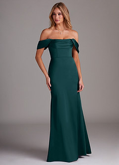 Azazie Saige Bridesmaid Dresses Pine Sheath Off the Shoulder Stretch Satin Dress image4