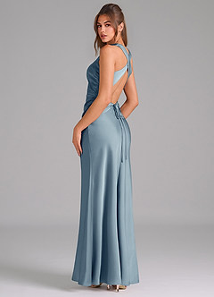 Azazie Evadne Robes de demoiselle d'honneur Robe Trapèze en Satin extensible Plissée Bleu Poussiéreux image5