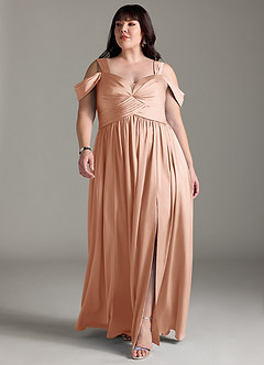 Azazie Lianne Bridesmaid Dresses Rose Gold A-Line Off the Shoulder Stretch Satin Dress image11