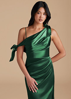 Azazie Xyla Bridesmaid Dresses Dark Green Sheath Off the Shoulder Metallic Satin Convertible Dress image2