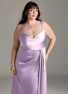 Azazie Brielle Bridesmaid Dresses Frosted Lilac A-Line Cowl Spaghetti Straps Stretch Satin Dress image11