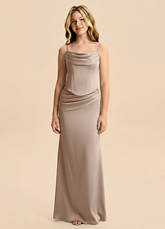 Azazie Sorrel Junior Taupe Mermaid Ruched Stretch Satin Dress image6