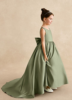 Azazie Mimia Flower Girl Dresses Pistachio A-Line Bow Matte Satin Dress image1