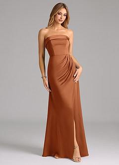 Azazie Aretha Robes de demoiselle d'honneur Robe Trapèze Convertible en Satin extensible Sans bretelles Cuivre image1