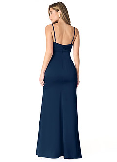 Azazie Linia Venta Final Vestido de Azul Marino Oscuro de Satén Elástico de Corte Sirena con Plisado image2