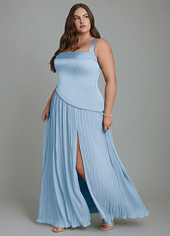 Azazie Stephanie Robes de demoiselle d'honneur Robe Trapèze en Satin extensible Plissé Poudre Bleue image11