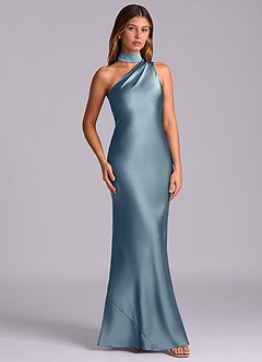 Azazie Seona Robes de demoiselle d'honneur Robe Sirène en Satin extensible Une épaule Bleu Poussiéreux image3
