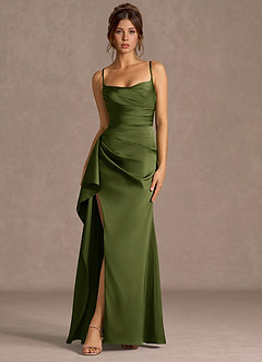 strapless open back dress Olive Green Wrap Satin Dress With Flutter Sleeves – Désir Couture main image 0