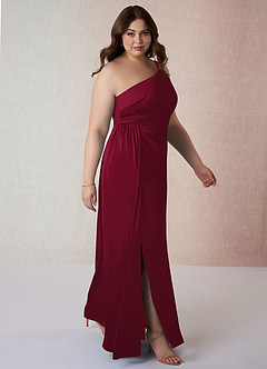 Azazie Mika Bridesmaid Dresses Burgundy Sheath One Shoulder Stretch Satin Dress image10