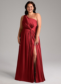 Azazie Brooke Robes de demoiselle d'honneur Robe Trapèze en Satin extensible Une épaule Écarlate image9