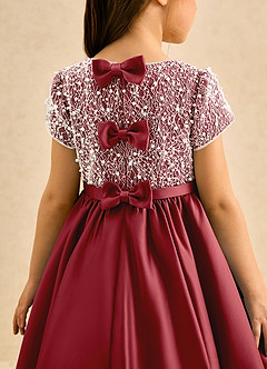Azazie Cashew Flower Girl Dresses Pomegranate Ball-Gown with Sleeves Matte Satin Dress image7