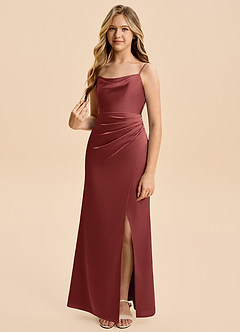 Azazie Christen Junior Terracotta Sheath Pleated Stretch Satin Dress image1