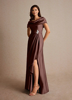 Azazie Branford Vestidos para mãe da noiva Vestido Café Expresso de Cetim elástico de Linha A com Plissado image8