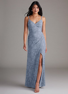 Azazie Leo Bridesmaid Dresses Dusty Blue Sheath Pleated Floral Burnout Dress image4