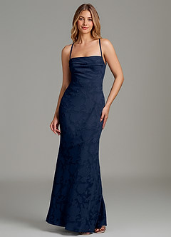 Azazie Ola Vestidos de damas de honor Vestido Azul Marino Oscuro de Devorado Floral de Corte Sirena con Corsé image1