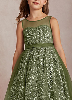 Azazie Siwa Flower Girl Dresses Olive A-Line Beaded Tulle Dress image4