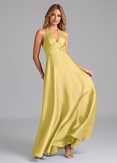 Azazie Tessie Bridesmaid Dresses Canary A-Line Pleated Stretch Satin Dress image4