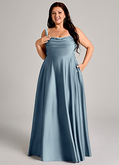 Azazie Shaude 신부 들러리 드레스 A라인 주름진 스트레치 새틴 바닥 길이 드레스 image11