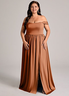 Azazie Calianna Bridesmaid Dresses Copper A-Line Off the Shoulder Stretch Satin Convertible Dress image1