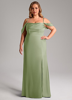 Azazie Saige Bridesmaid Dresses Dusty Sage Sheath Off the Shoulder Stretch Satin Dress image15