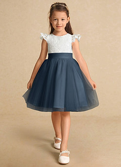 Azazie Vetty vestidos de niña de las flores Vestido de Marfil Azul Petróleo de Tul de Corte En A con Encaje image6