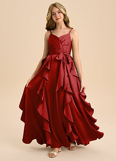 Azazie Peyton Junior Pomegranate A-Line Pleated Stretch Satin Dress image5