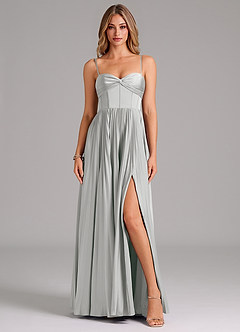 Azazie Akiko Bridesmaid Dresses Silver A-Line Sweetheart Neckline Stretch Satin Dress image1
