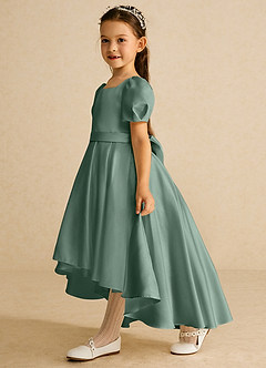 Azazie Zippy Flower Girl Dresses Eucalyptus A-Line with Sleeves Matte Satin Dress image1