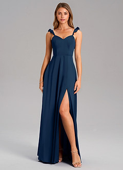 Azazie Everett Vestidos de damas de honor Vestido de Azul Marino Oscuro de Satén Elástico de Corte en A image3