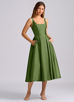 Azazie Amalie 신부 들러리 드레스 A라인 주름진 스트레치 새틴 티 길이 드레스 image3