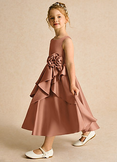 Azazie Hermia Blumenmädchenkleider A-Linie ärmellos Matte Satin Kleid Bronzer image4