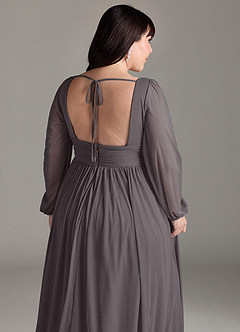 Azazie Norah Bridesmaid Dresses Steel Grey A-Line V-Neck Long Sleeve Chiffon Dress image13