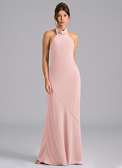 Azazie Velli Vestidos de damas de honor Vestido de Rosa Empolvado de Gasa de Corte Sirena con Cuello Alto image6