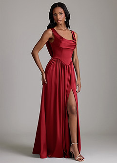 Azazie Novi Bridesmaid Dresses Scarlet A-Line with Pockets Stretch Satin Dress image5