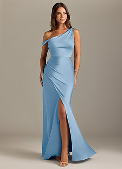 Azazie Madelyn Robes de demoiselle d'honneur Robe Sirène Convertible en Satin extensible Une épaule Poudre Bleue image1