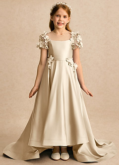 Azazie Charity Flower Girl Dresses Champagne A-Line with Sleeves Matte Satin Dress image3