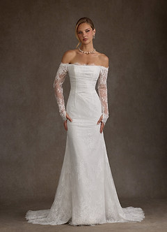 Azazie Kathleen Wedding Dresses Diamond White A-Line Off the Shoulder Lace Dress image1
