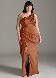 Azazie Maive Bridesmaid Dresses Copper Sheath Ruched Stretch Satin Dress image10