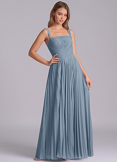 Azazie Mina Vestidos de damas de honor Vestido de Azul Polvoriento de Gasa de Corte en A con Plisado image6