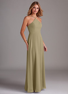 Azazie Bailey Vestidos de damas de honor Vestido de Musgo Verde de Gasa de Corte en A con Halter Abertura lateral image6
