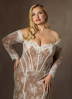 Azazie Katherine Wedding Dresses Diamond White Cocoa Mermaid Off the Shoulder Tulle Dress image12