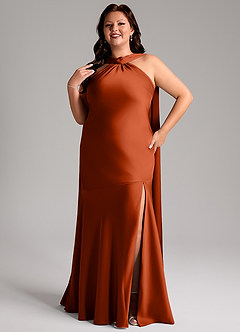 Azazie Kinsley Robes de demoiselle d'honneur Robe Sirène en Satin extensible Fente Latérale Paprika image11